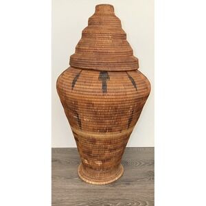 Antique Tribal Hand‎ Woven Tall Floor Decorative Coil Basket With Lid 37"